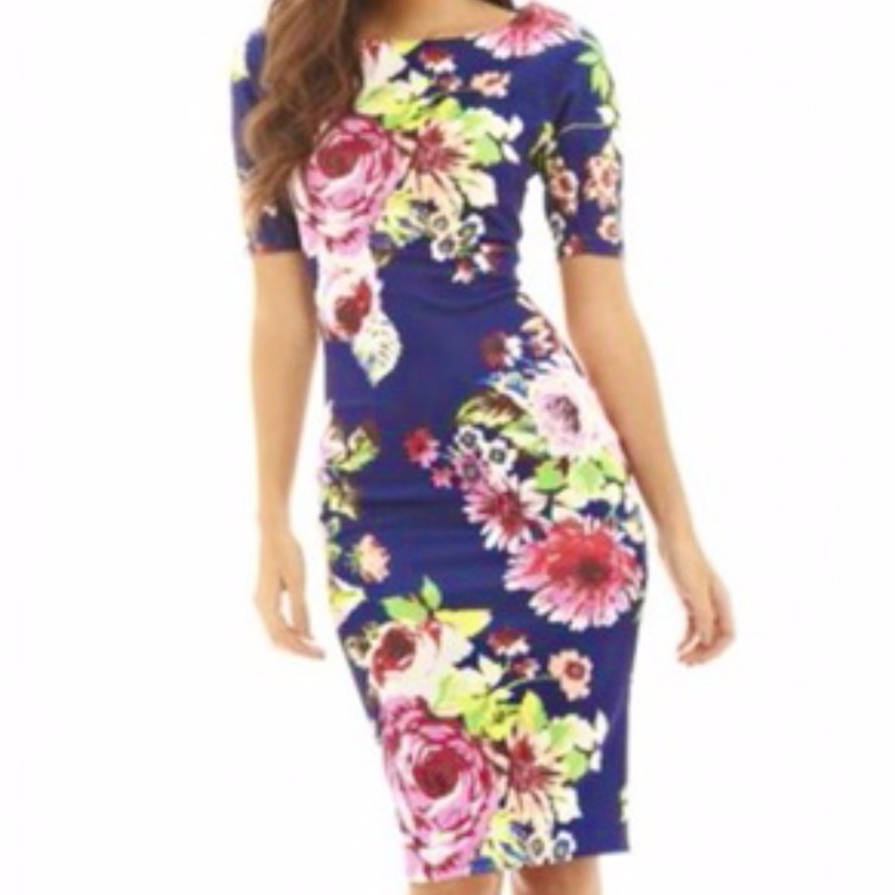 3/4 Sleeve Floral Body Con Midi Dress